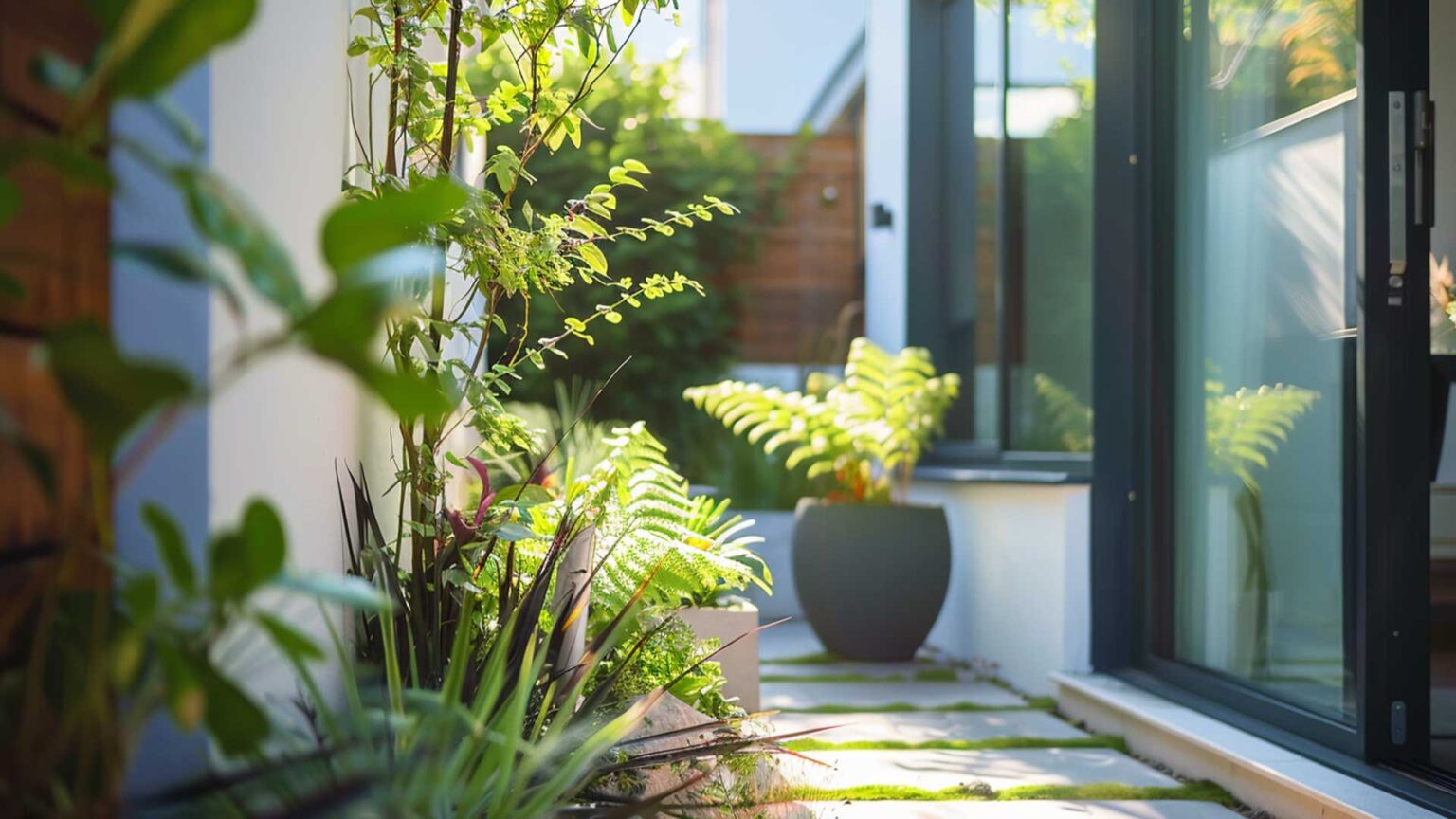 Porcelain slabs laid as narrowly spaced stepping stones to provide a nice juxtaposition between the natural and man-made. A simple palette of white, grey and the green of the vegetation are used to convey the modernist design sentiments of this small garden.