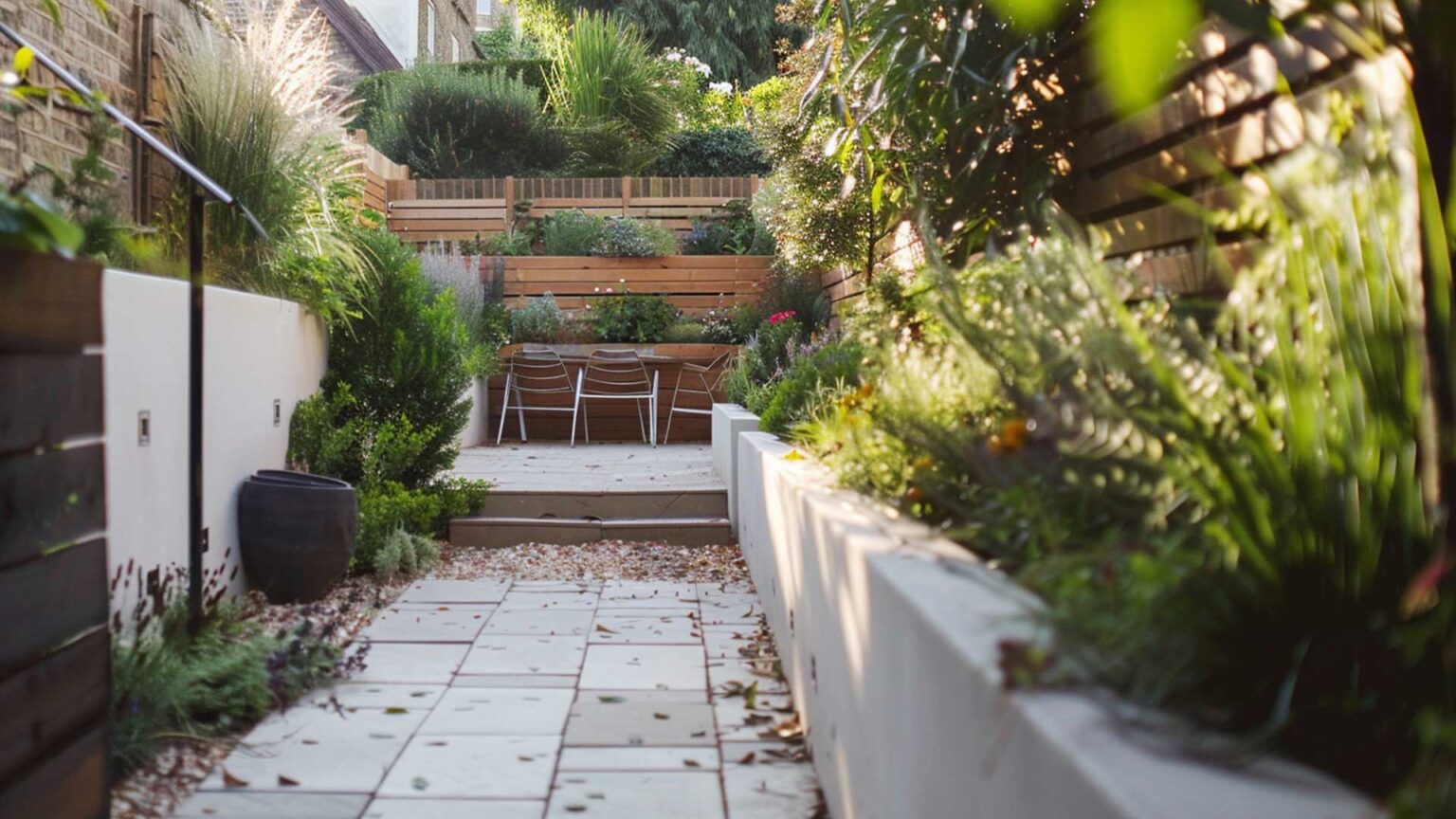 Two types of raised beds are used to maximise vertical space and cover the steep walls of the small London garden, with rendered beds on the sides and timber slatted beds at the back. The patio and terrace use small format concreate flags.