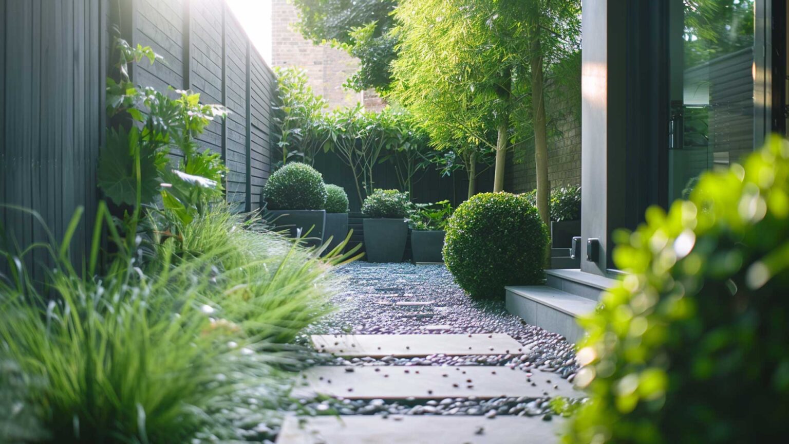 A simple grey and green palette used effectively in this garden to create a tranquil, low-maintenance contemporary space that feels simultaneously natural and ordered at once.