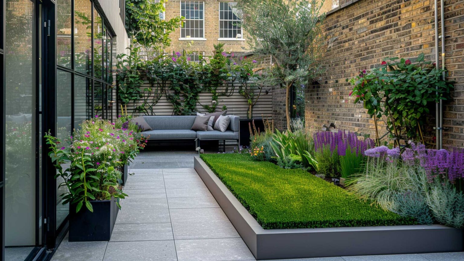 A two-tone porcelain patio with a raised bed with low cut box backed by flower beds to present a faux-lawn visual effect. Rectangular metal planters in matt black accent the modernist style window frames and surrounds.