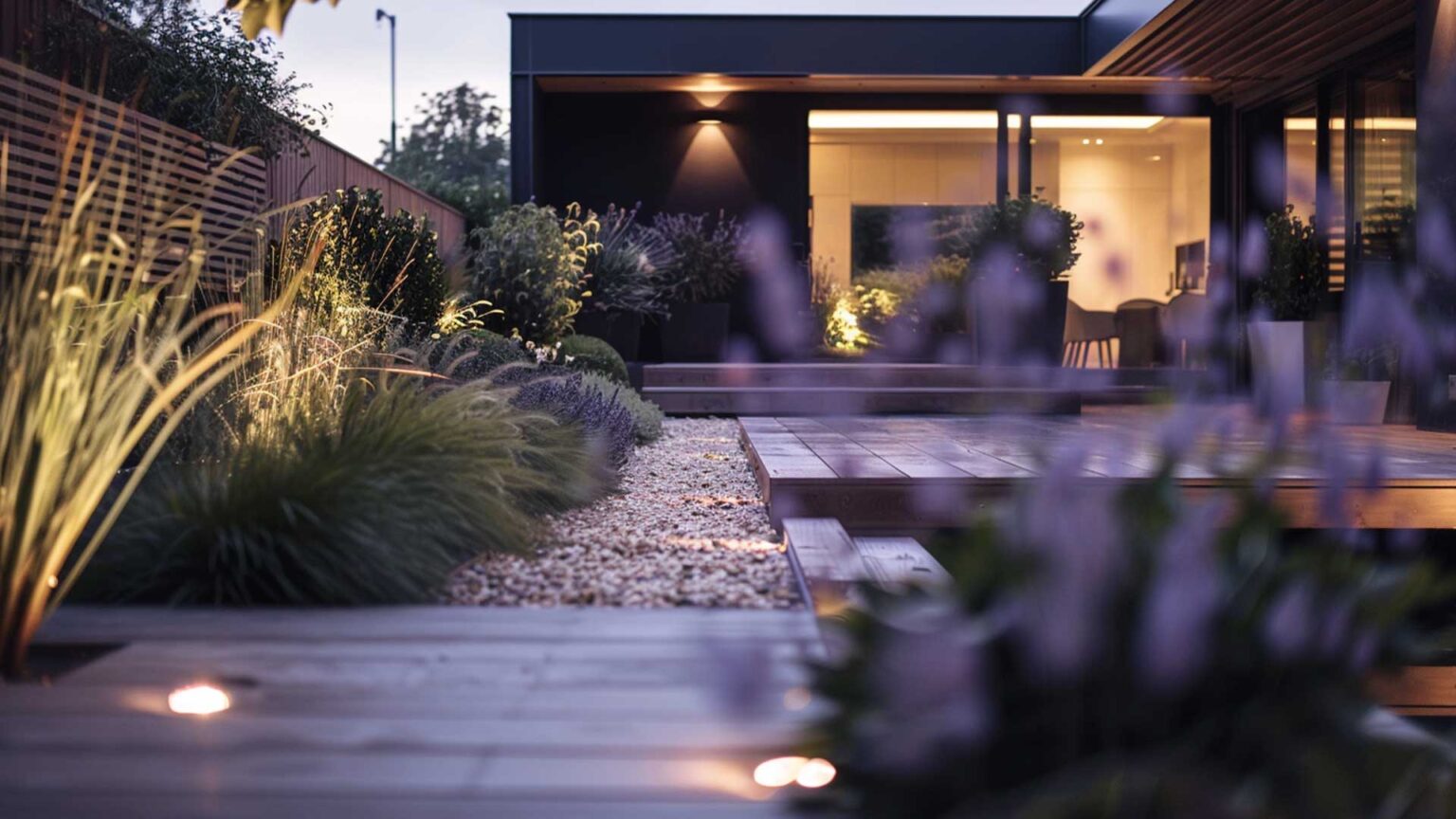 A timber deck and sunken garden surrounded by borders of golden shingle with bed planted with grasses and shrubs, with planters located across the deck to provide further greenery in this compact modernist garden.