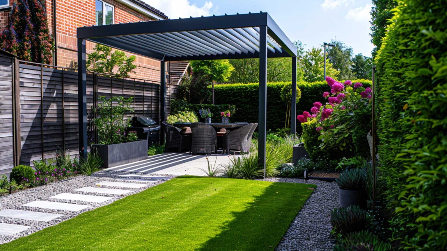 Porcelain paving slab path and dining area with grey decorative aggregate cover around a small lawn. The dining area is under a grey powder coated steel pergola, providing shelter and privacy.