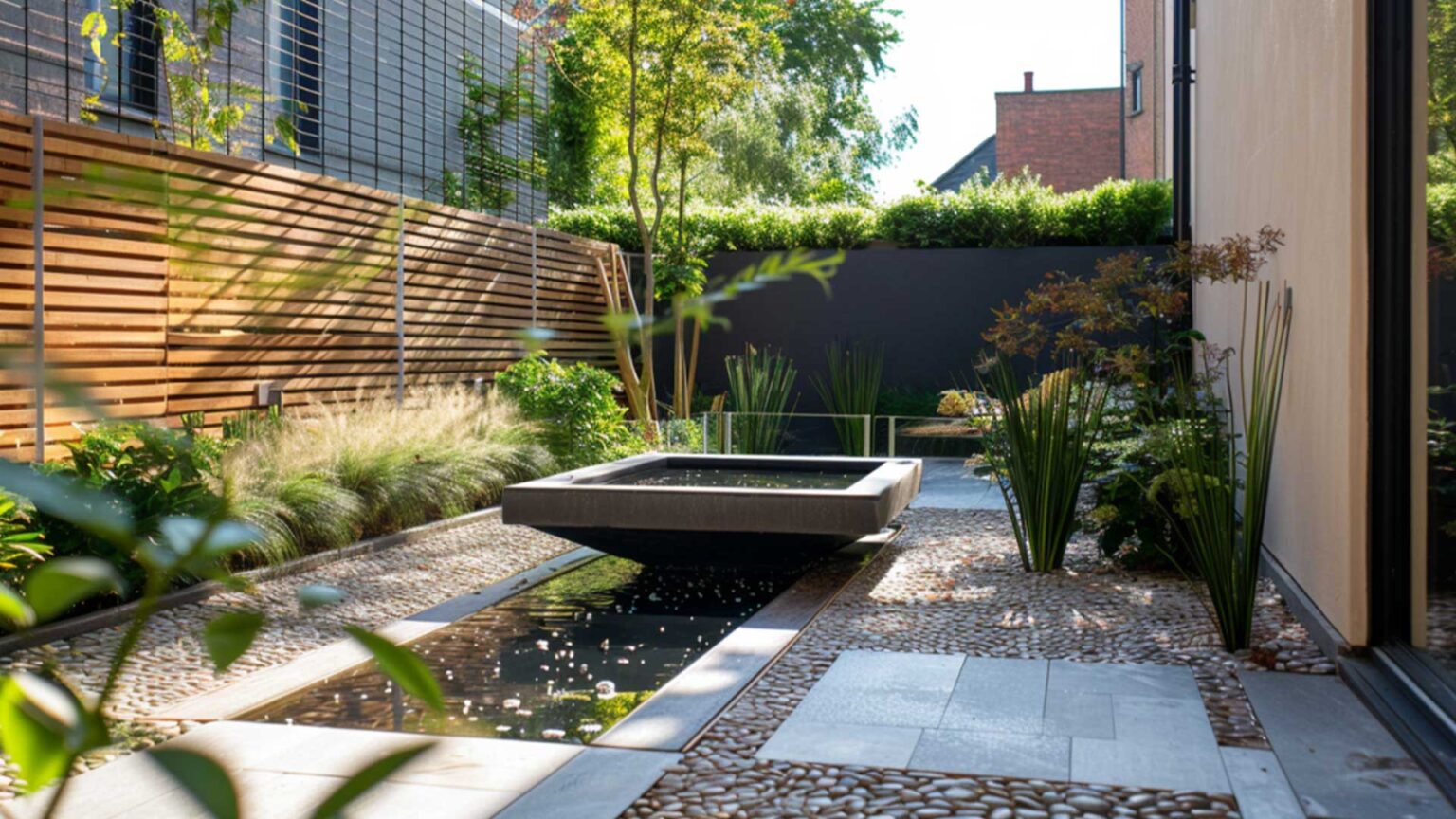 A central pond and water feature with bond-pebble and concrete flag paving, wooden slatted screening, and borders planted with hardy low-maintenance grasses and scrubs.