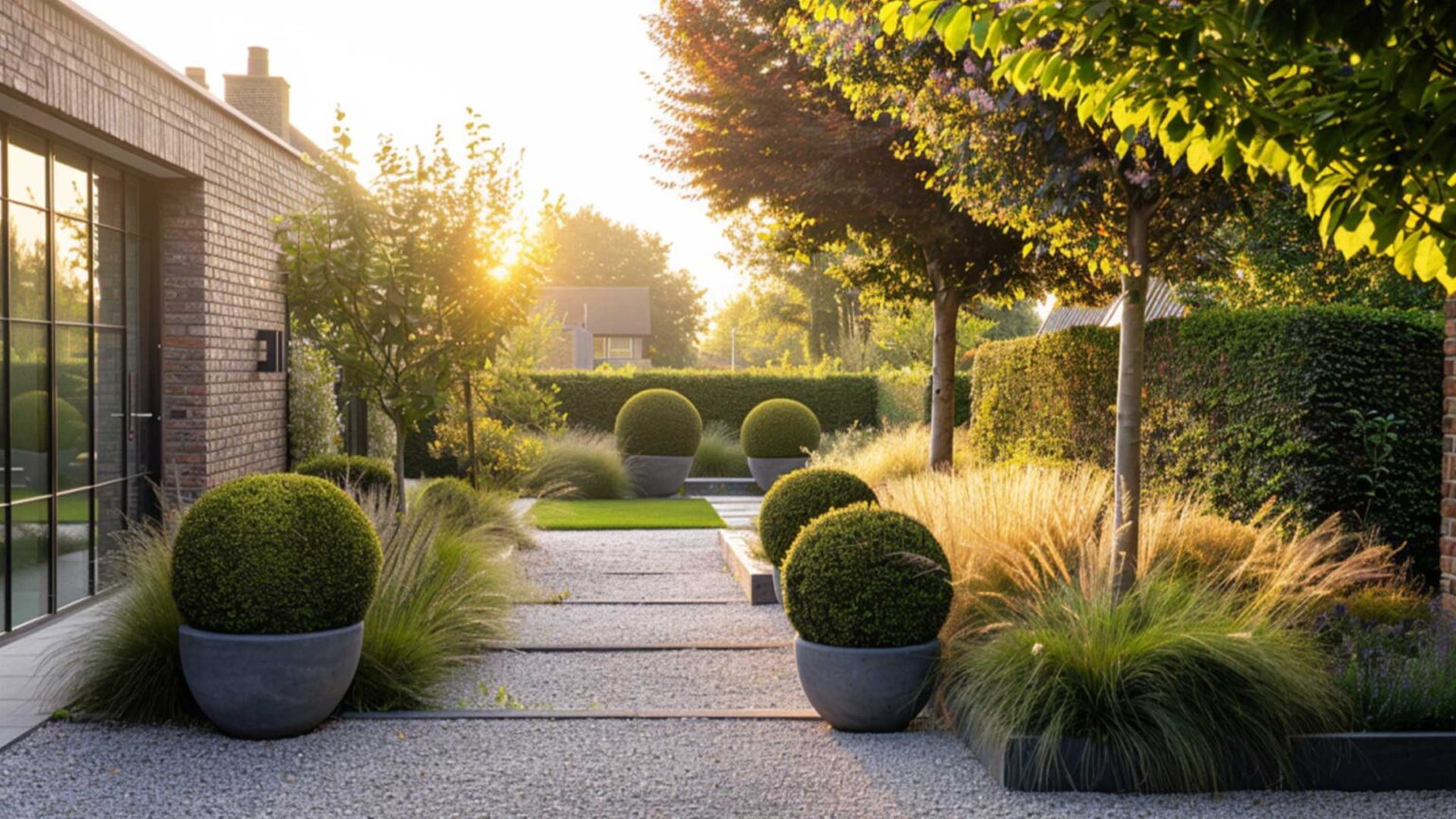 A small garden with grey limestone chippings separated with embedded sleepers, with wooden sleeper raised beds planted with various grasses, and large contemporary ceramic bowl planters with box topiary.