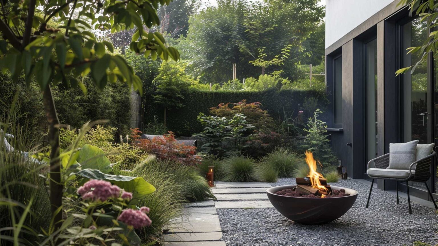 Coarse decorative grey limestone aggregate and light grey sandstone slabs with a fire pit and densely planted border create a contemporary cozy but minimalist feel.