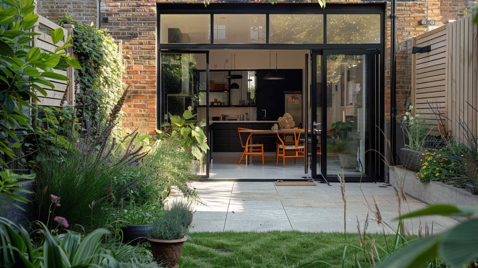 Indoor-ourdoor patio using exterior porcelain patio tiles, with fixed concrete raised beds and individual pot plants.