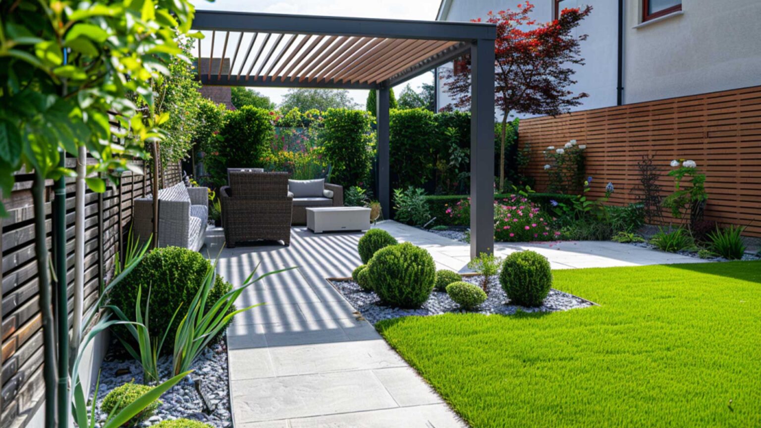 Grey indian sandstone paving with steel pergola and river pebble covered beds, with topiary and minimal planting for an uncluttered but stylish small garden.