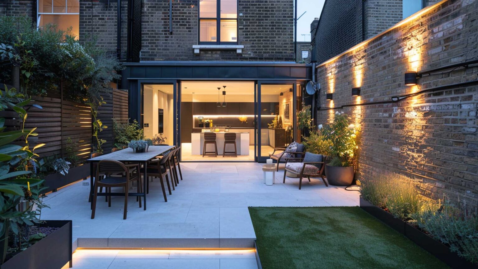 Porcelain paving terraced patio with adjacent artificial turf lawn and strategically placed free-standing planters for an easy low-maintenance small garden.