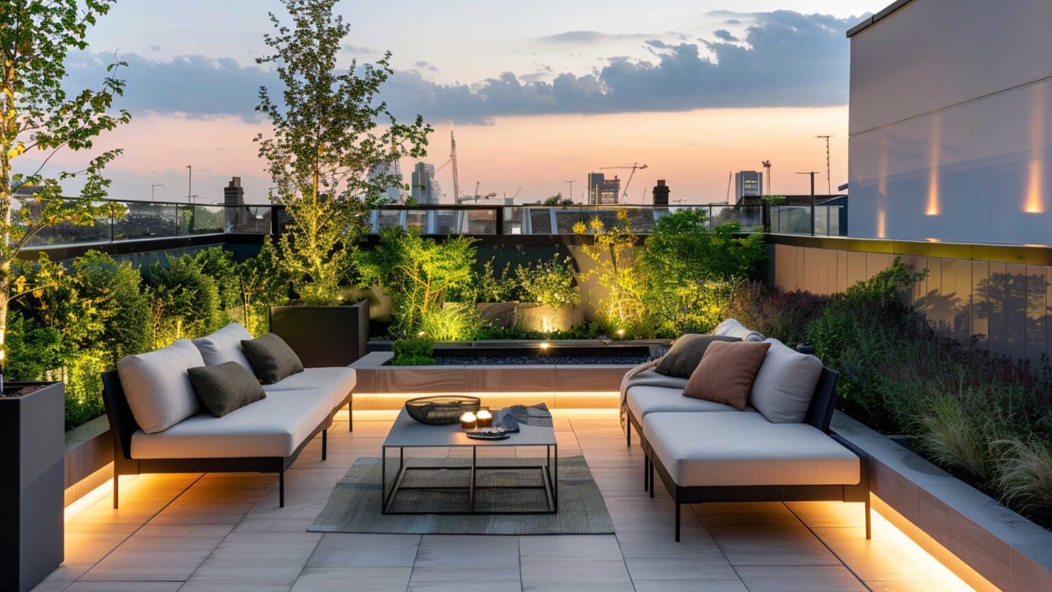 A roof terrace garden with honed sandstone slabs, porcelain clad raised beds with recess lighting and uplighters, large free-standing palnters with dwarf trees.