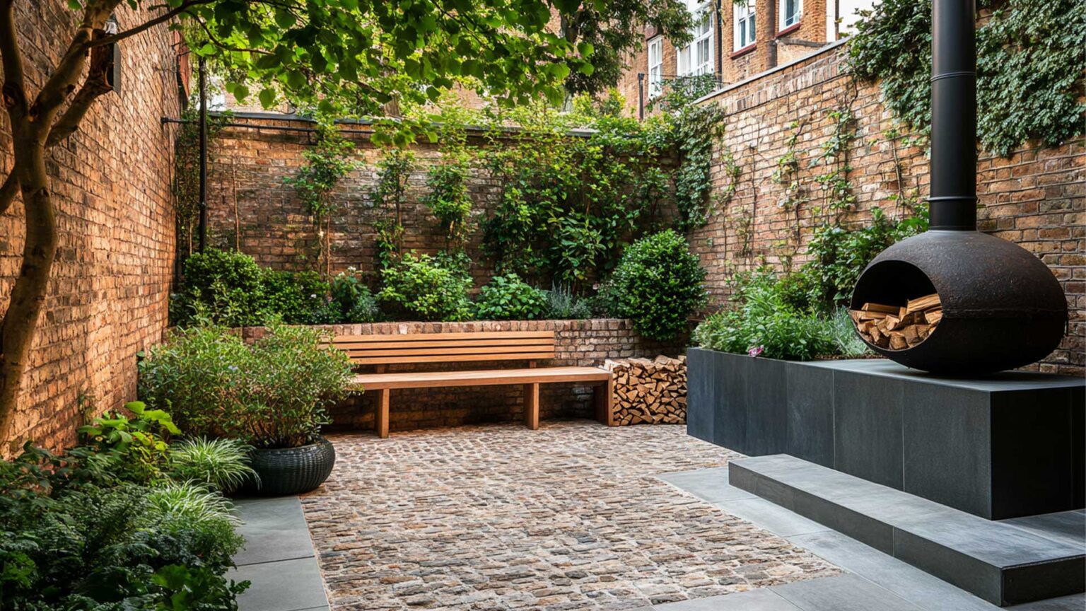 Combining and contrasting traditional stone setts with contemporary porcelain paving creates a nice juxatposition betweeen old and new. Likewise the retained brickwork raised bed contrasts nicely with the raised bed with chiminea clad with exterior porcelain tiles.