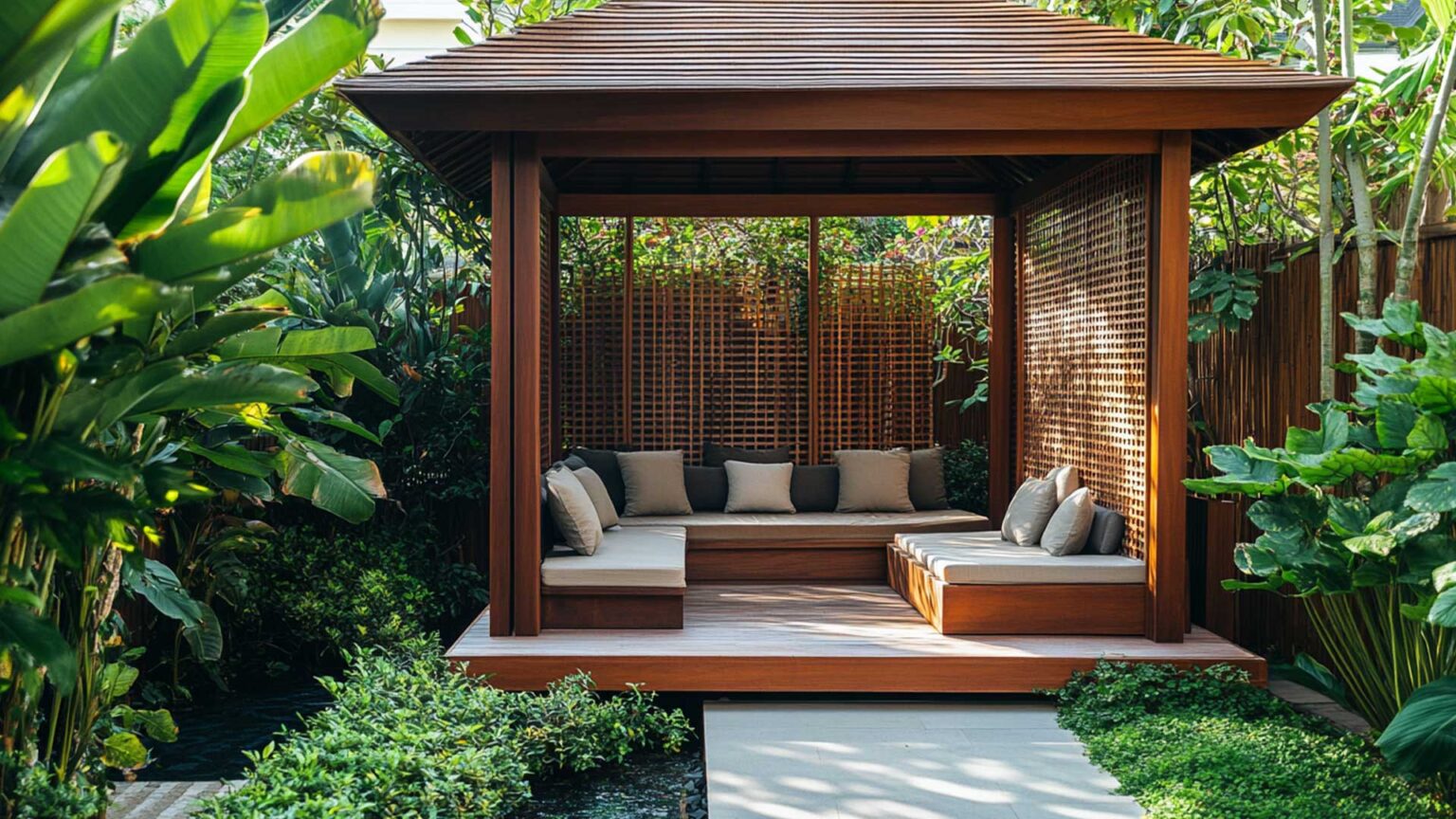 A Thai inspired hardwood gazebo pavillion with fixed sofa seating, a porcelain paving path and offset pond recreate the spirit of South East Asia. The potted banana plants allow them to be wintered indoors.