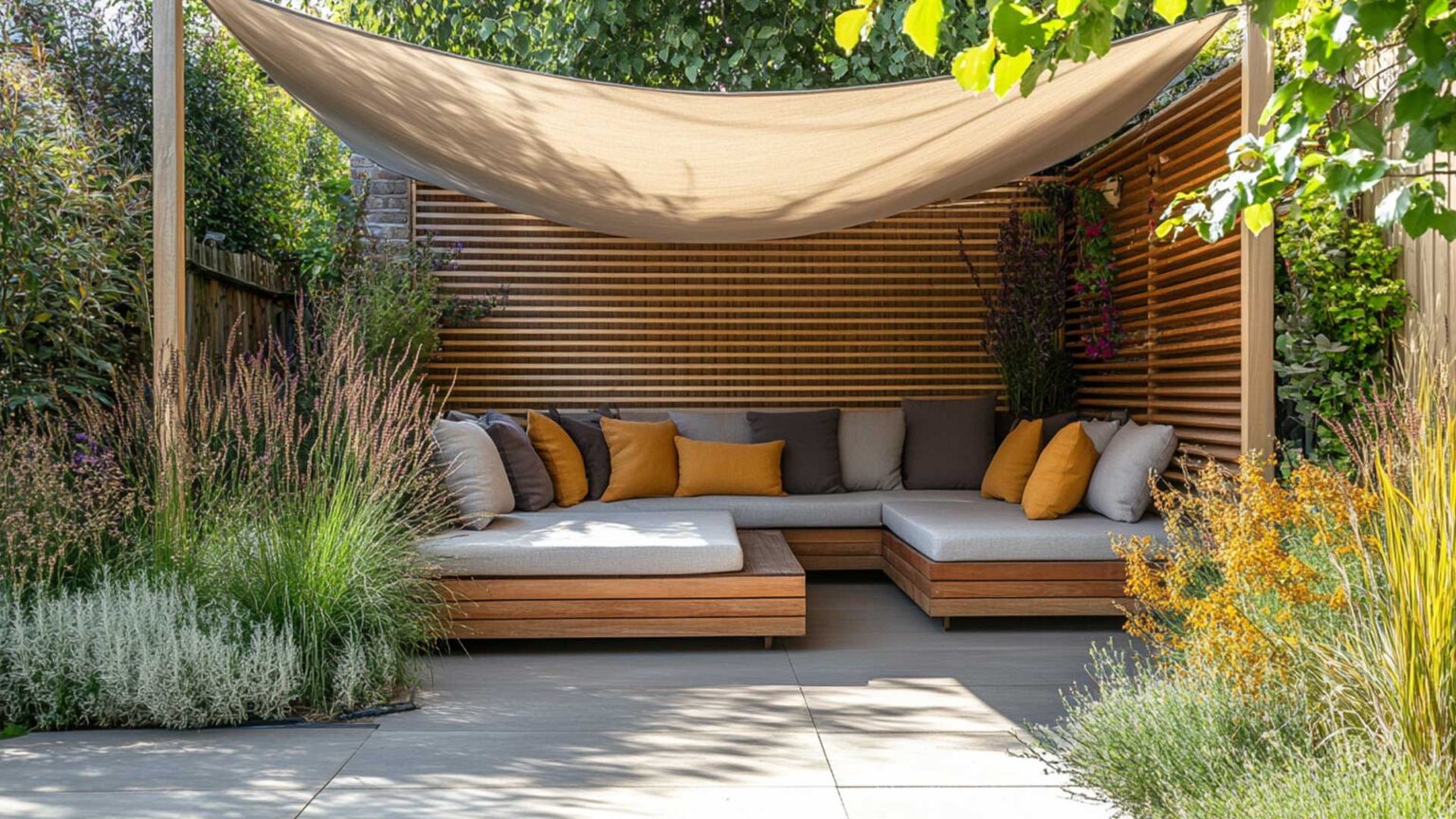 This compact contemporary Mediterranean inspired garden has a day bed under a canvas canopy providing both shelter and privacy - ideal for urban gardens with overlooking neighbouring properties.