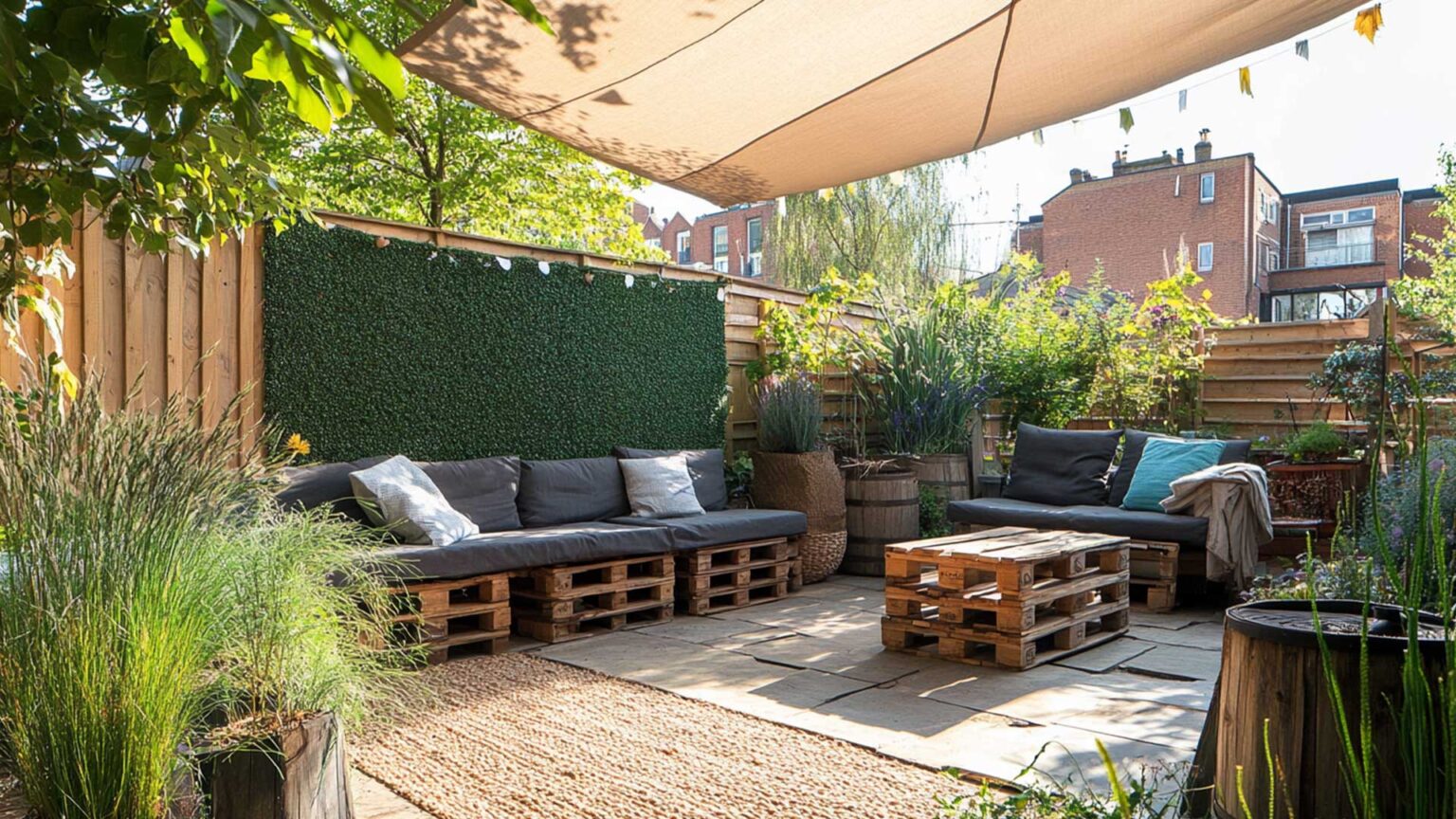 This low-cost small urban garden was achieved by recycling old paving slabs, upcycling pallets as furniture and utilising barrels and baskets as planters.