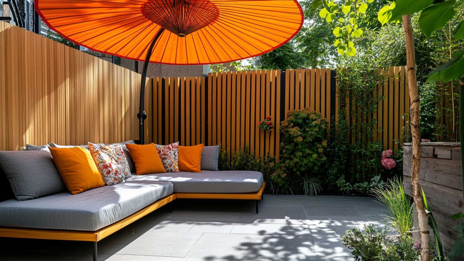 The grey granite paving slabs and tan vertically slatted wooden fencing creates a simple but elegant contemporary space in which the parasol and soft furnishing accent the same colour palette to bring it all together as a cohesive whole.