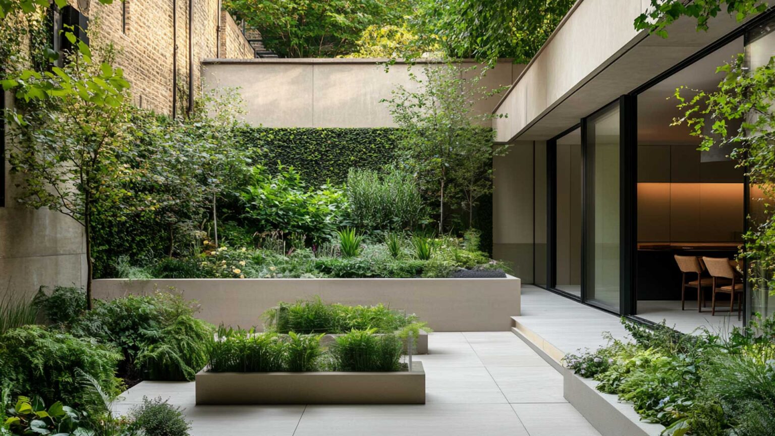 This small basement garden is a highly stylised modernist space using glass, concrete and porcelain and playing with a light grey and black palette to contrast with the lush green vegetation to create a striking tranquil sanctuary.