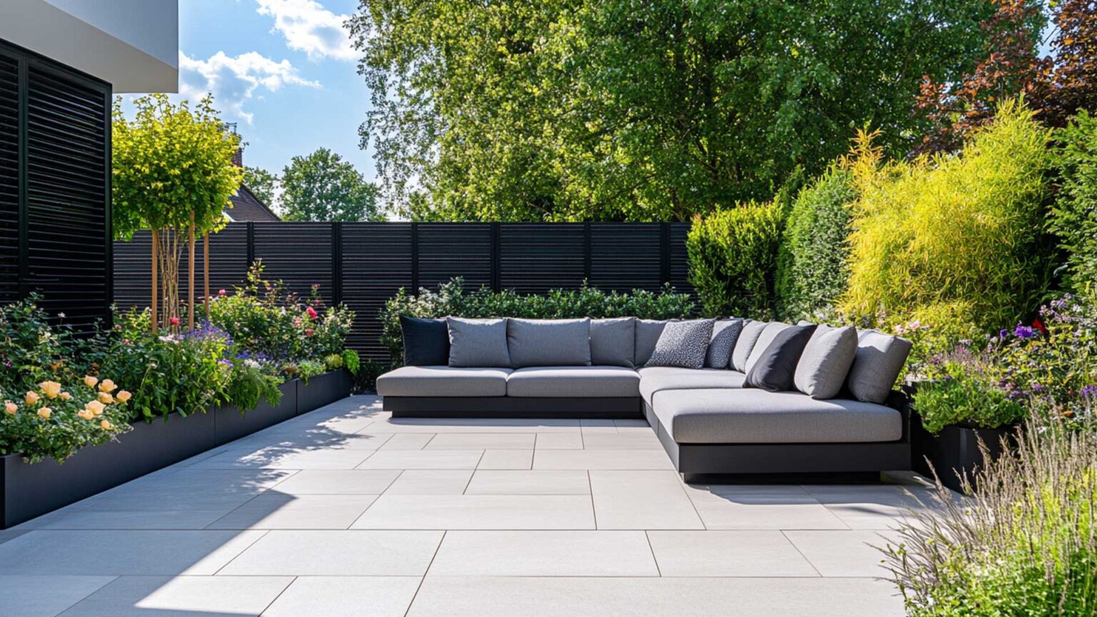 This small city garden achieves privacy with high screening fences and the planting of shrubs. The the light grey porcelain paving echos the colours of the large L-shaped sofa's upholstery. Contemporary black planters are user to border the patio.