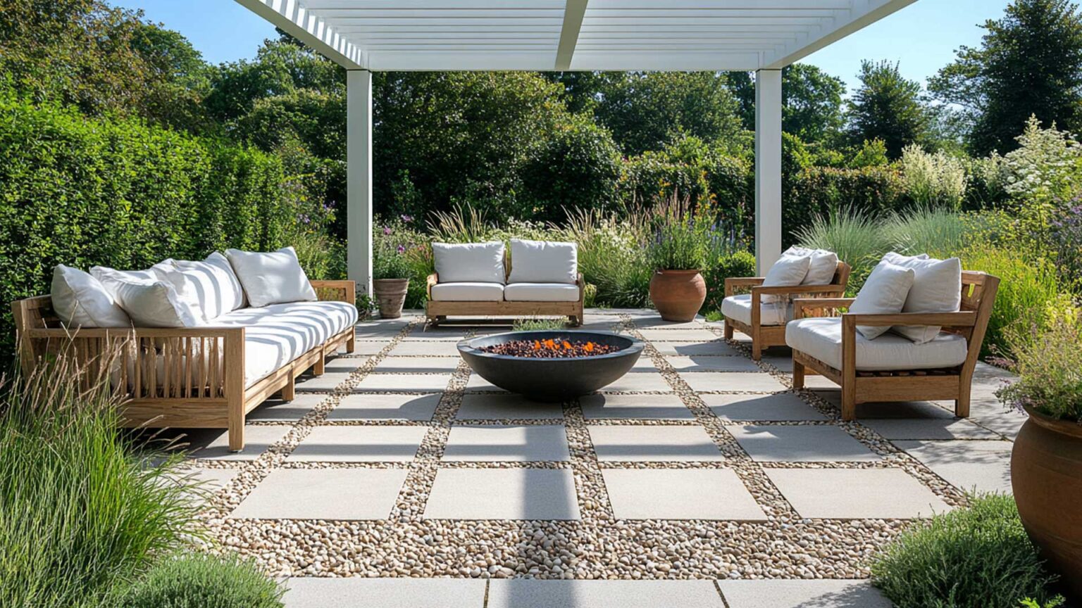 The matrix of square porcelain paving slabs interspersed with pebble ground cover creates greate visual interest. Combined with the white pergola and wooden furniture with natural linen/flax upholstery and terracotta vases gives this compact garden a real Mediterranean vibe.