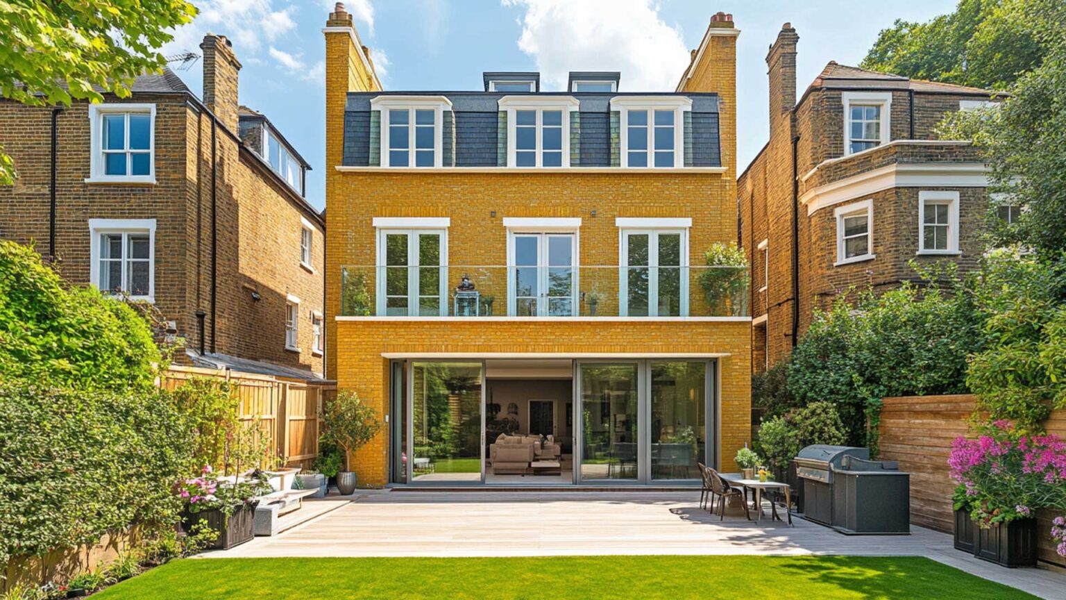 Sometimes keeping things simple works very well. Here we see a porcelain pavinng patio and lawn with a few planters to add a bit of strategic colour. This design provides a lot of flexibility for entertaining friends and family and makes the compact space feel bigger.