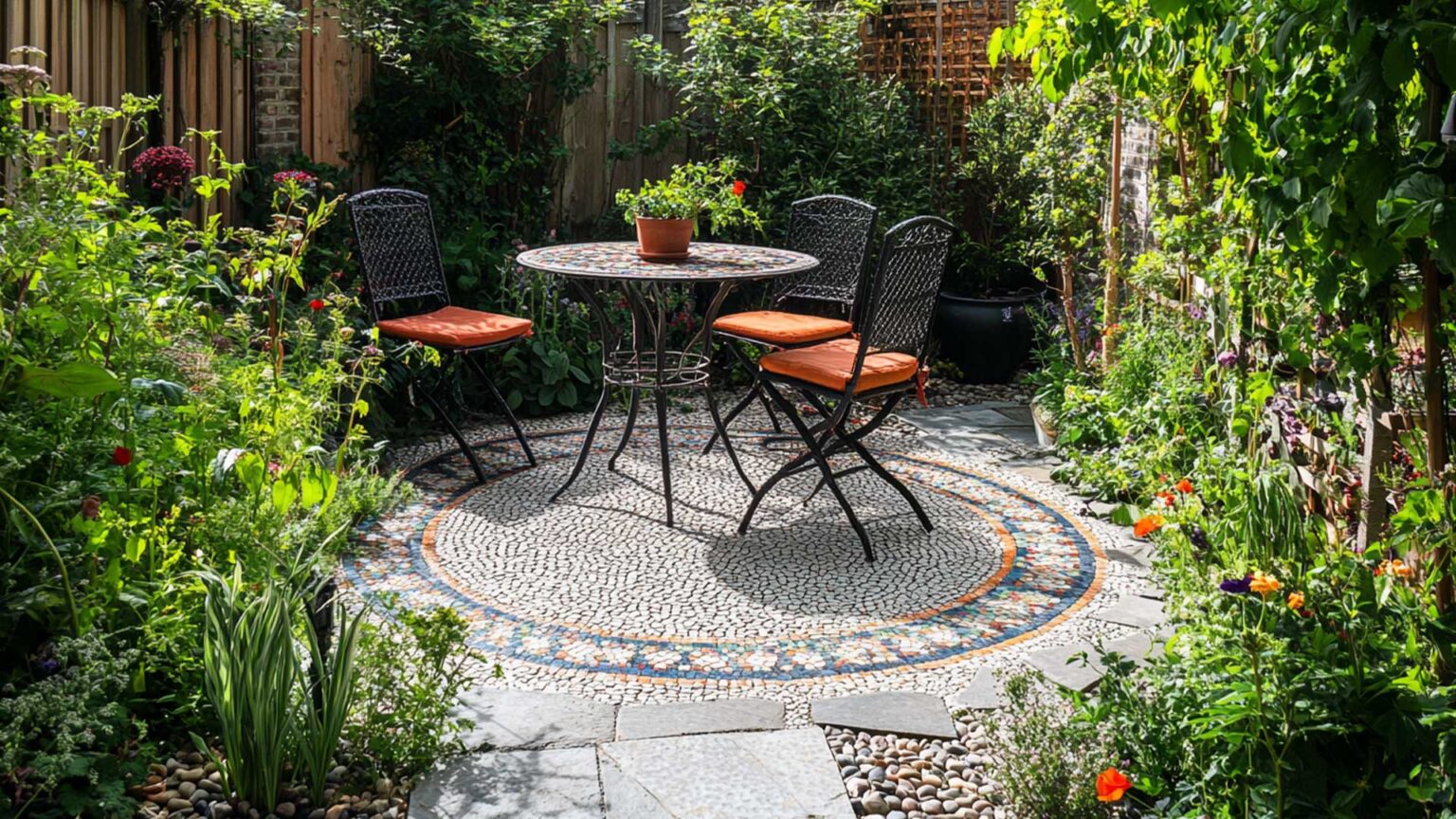 A Moroccan mosaic topped bistro table is used in conjunction with a custom-built paving circle of mosaic ceramic tiles, giving this super compact garden and intermit space with bags of character and charm.