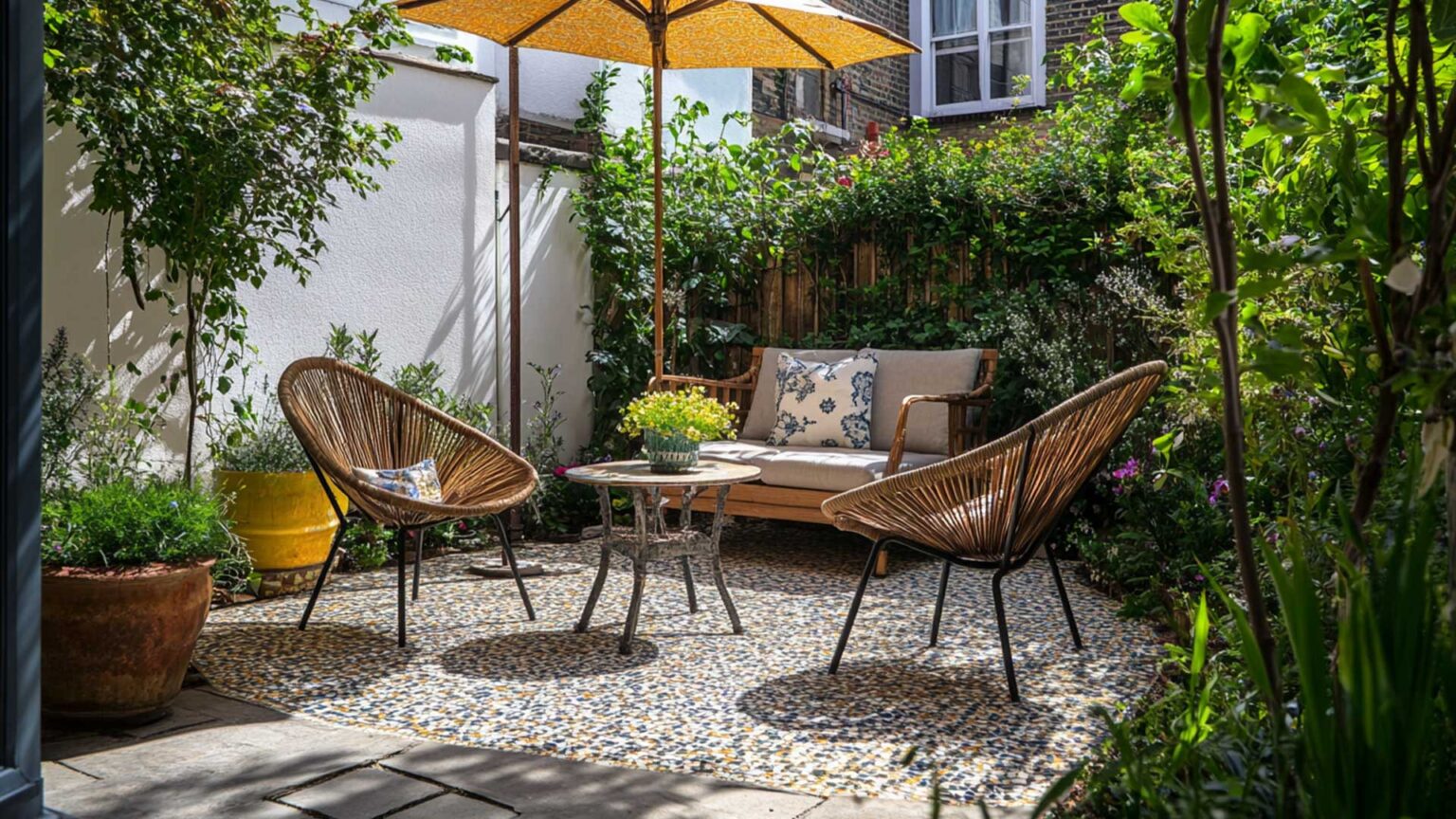 A small Mediterranean style garden in this Victorian terrance. The use of large terracotta pots and the mosaic paving give this space a warmth and charm, and the planted borders provide a lush green backdrop whilst maximising the available space.