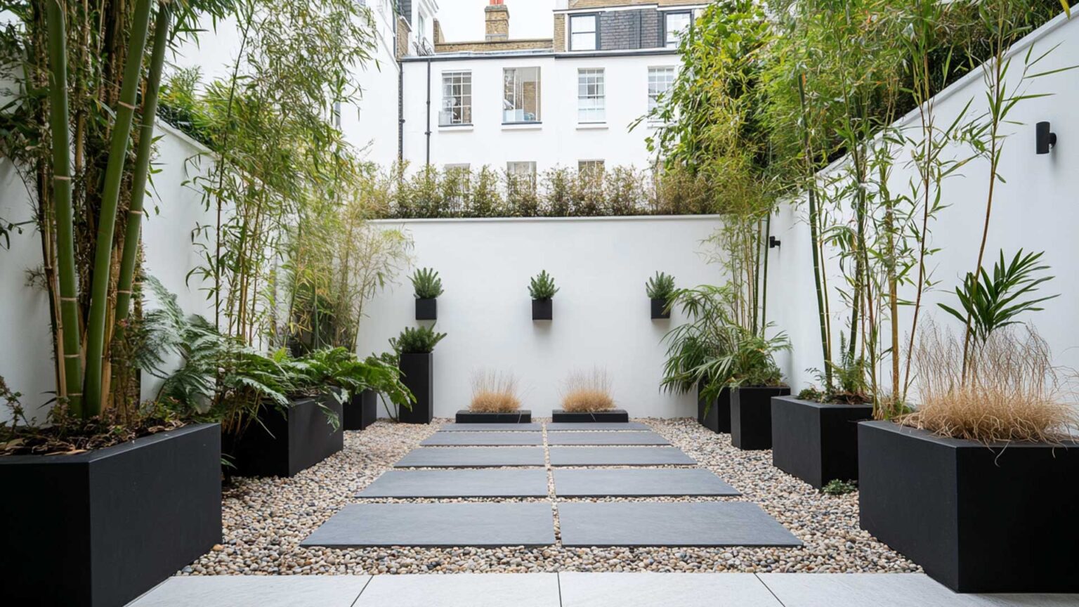 This contemporary garden uses the classic white, black and green colour palette. The black stone-composite planters have exotic bamboo, ferns and ornamental grasses with a white painted wall backdrop. The anthracite porcelain slabs are surrounded by river pebbles. The overall aesthetic is one of playful contrasts and elegance.