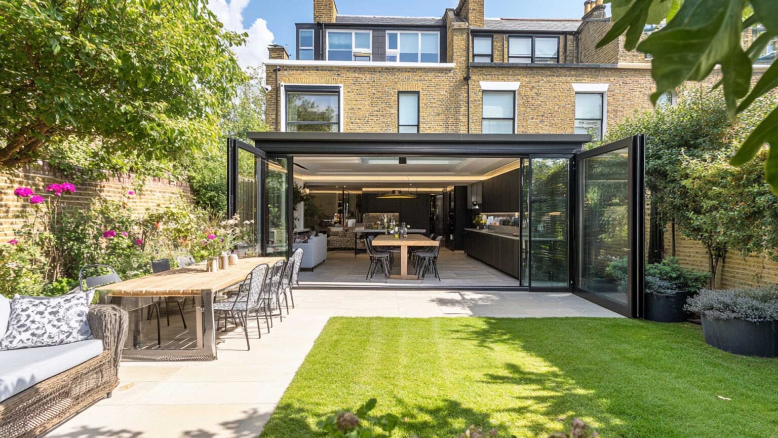 The open-plan kitchen extension with large bi-fold doors and skylights allows this home to blur the lines between the indoor and outdoor space. The offset L-shaped patio gives the owners the ease of outdoor dining and seating, whilst providing a large enough space to enjoy an actual lawn too.