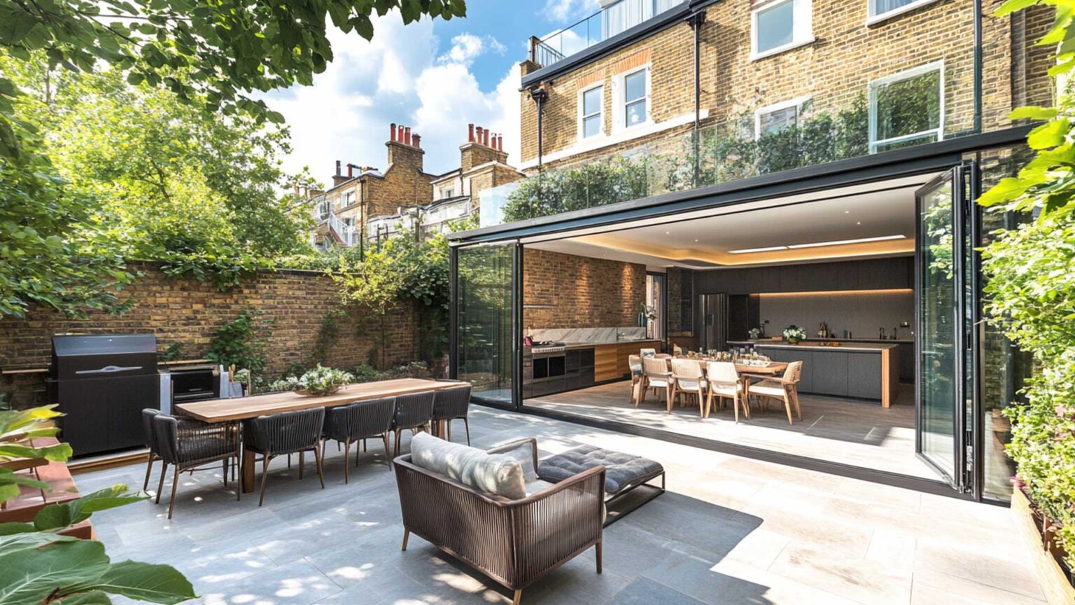 Maximising the available space, this Victorian terrace house garden exemplifies the trend for indoor-outdoor living. The kitchen and patio are one deck, with bi-fold doors. The porcelain patio encompasses almost the entire garden space, save the border with the boundary wall, providing a low maintenance and easy to live with garden.