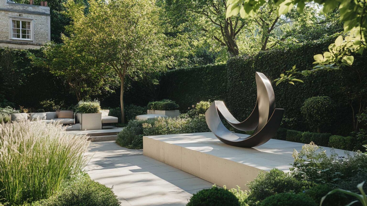 Just because you have limited space, does not mean you should limit your aesthetic ambition. Sculptures and artwork can make a small garden space feel grander and more sophisticated. Here, we see the use of an abstract piece in this modest garden where it is given enough space to be seen, whilst leaving enough room remaining for seating, planting etc.