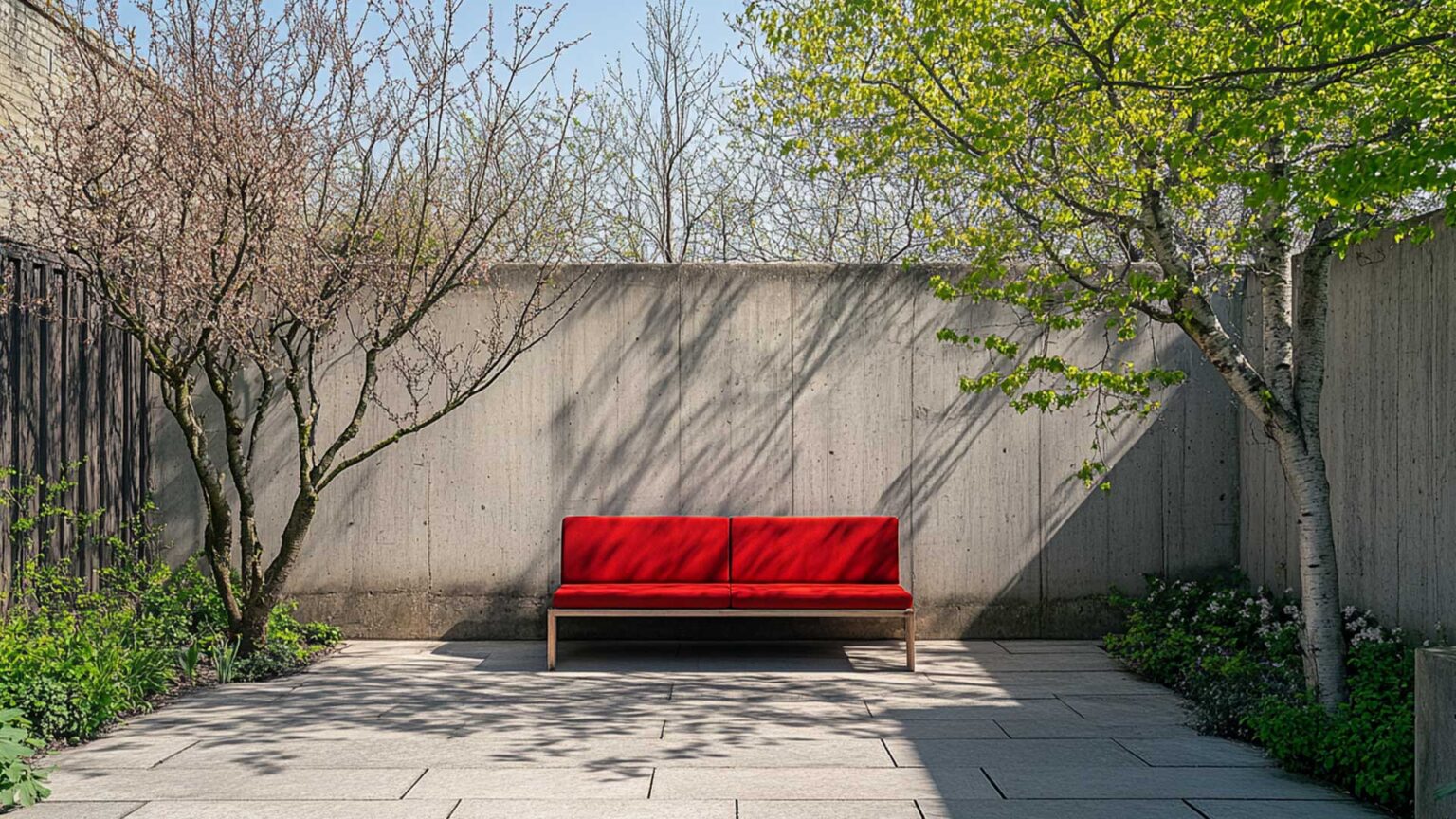 A small brutalist style garden with raw poured concrete walls, granite paving slabs and simple borders on the flanks. The brightly coloured pillbox red bench is designed to starkly contrast with the drab greys of the concrete and granite for maximum visual impact and draw the eye to that point in the gardens.