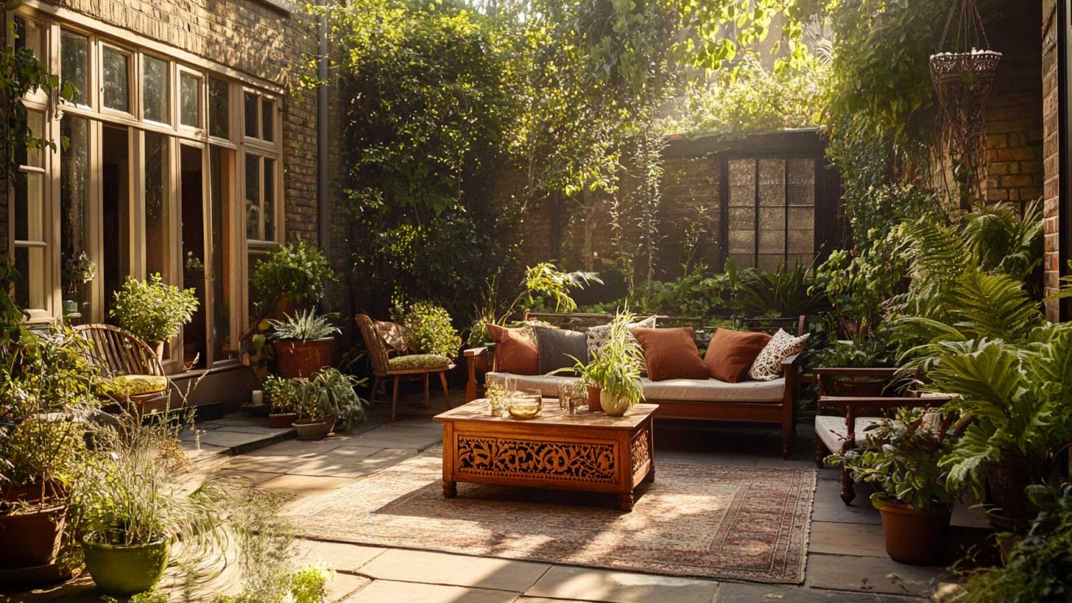 Your garden is your retreat or sanctuary, a tranquil place to relax and unwind. Here, through the careful selection of Indian furniture and the dense arrangement of pot plants with lush vegetation, the appearance of an exotic and romantic eastern garden is evoked.