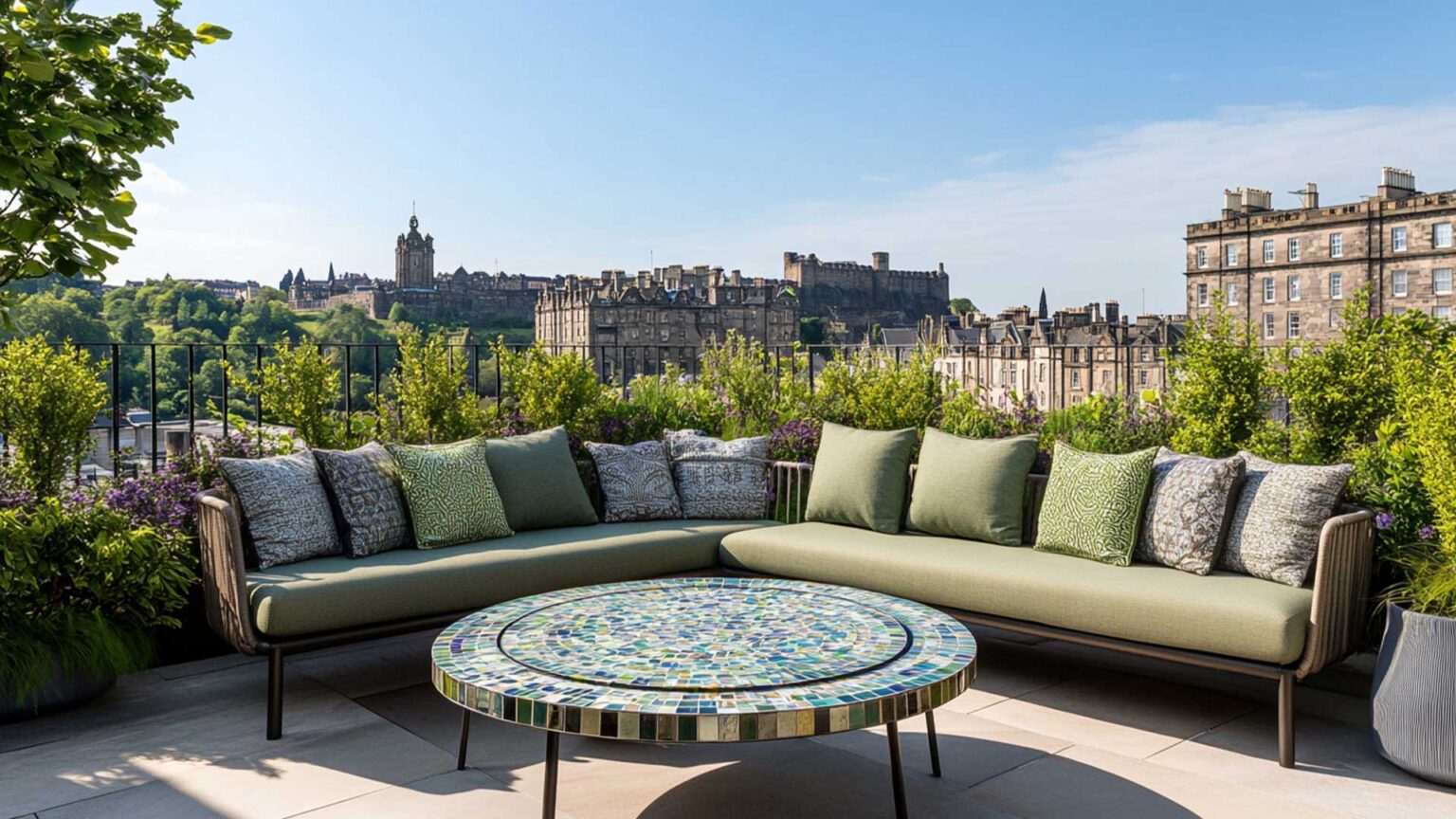 A small rooftop terrace with porcelain paving slabs, an Arabic style mosaic coffee table and twin sofas with matching colour-scheme fabrics creates a cohesive looking garden with a magnificent view.