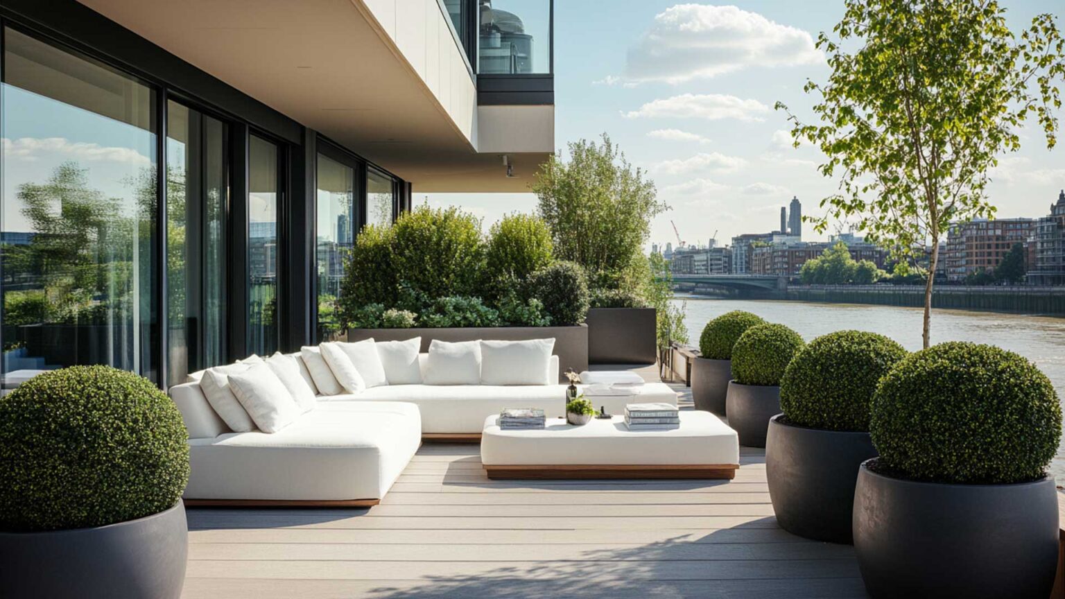 Large planters are great for low maintenance gardens, and gardens with limited space. This riverside terrace deck uses simple topiary and shrubs to provide some natural green foliage without distracting from the wonderful city views, which can be seen from the luxurious daybed/sofa.