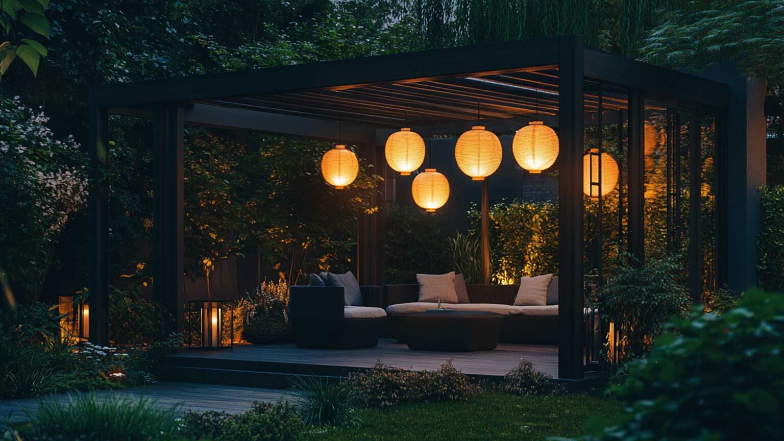 Gazebos and pergolas help create outdoor spaces that are essentially garden rooms. If fitted with exterior lighting, they also allow you to use your garden room by both day and night. Here, we see the mellow light of paper lanterns creating a relaxed and inviting atmosphere.