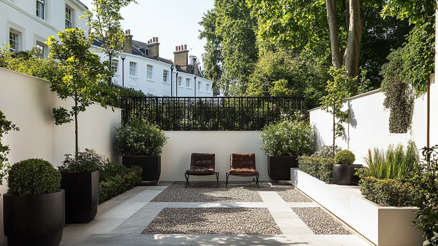 This contemporary styled central London garden provides an upmarket but flexible space within a small footprint. The planters and raised beds a kept to the perimeter to maximise the space. The porcelain slabs and resin sealed river pebble paving make this small garden easy to clean and maintain, making it ideal for drinks parties and social gatherings.