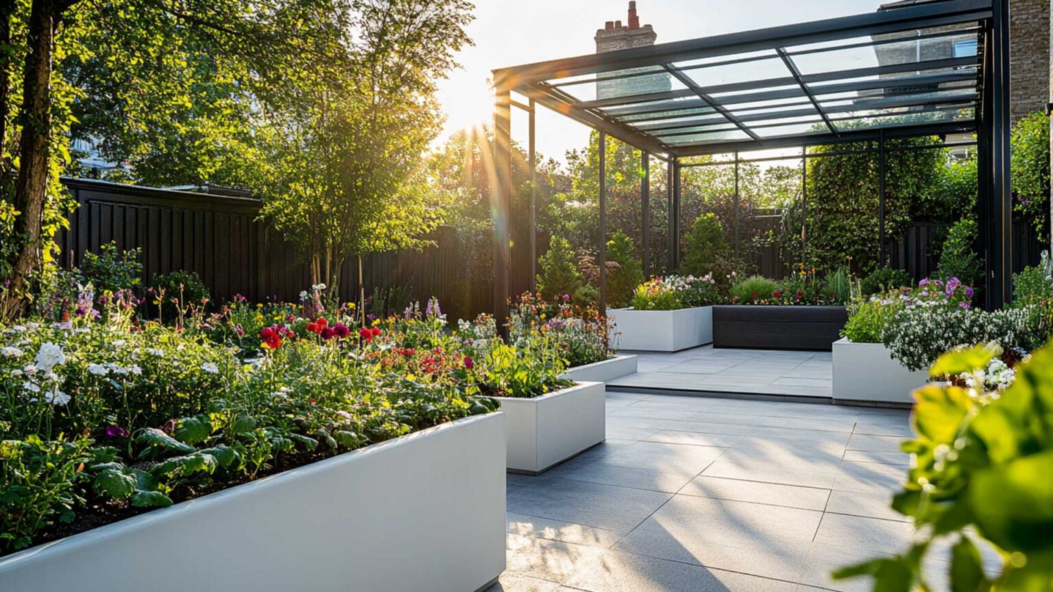 The plain white planters and grey granite paving are designed to sit back visually and allow the flora to shine in this garden. The steel and glass pergola provide a weatherproof outdoor space whilst letting in light and a sense of space within the limited space provided.