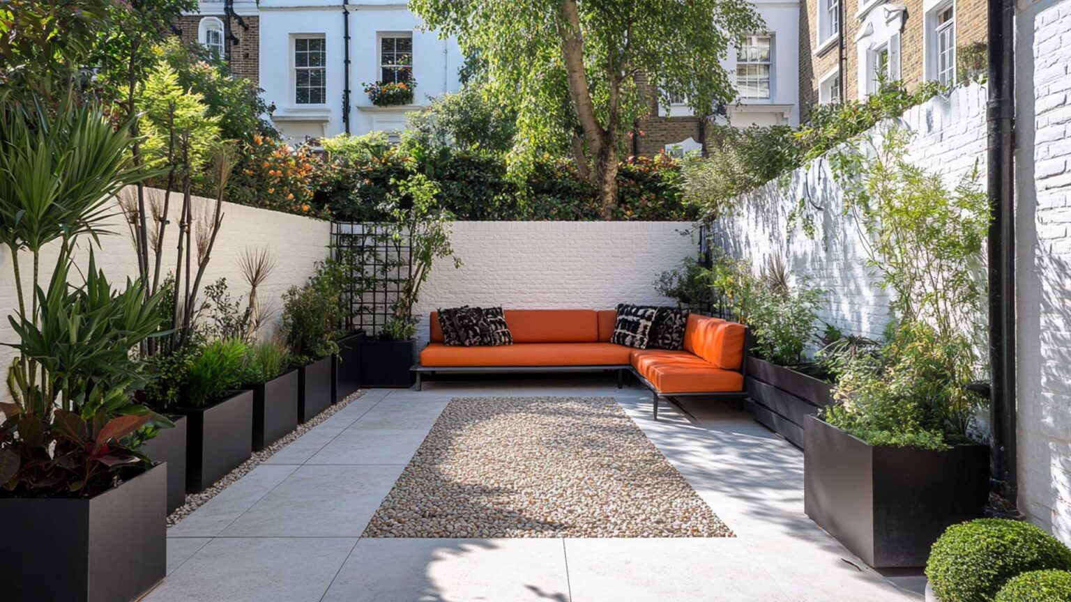 Whitewashed brick walls provide the strongest contrasting backdrop for this contemporary London garden. Light grey porcelain paving and black composite planters add to the monochromatic framework on which the vivid greens of the foliage and tangerine of the sofa can then 