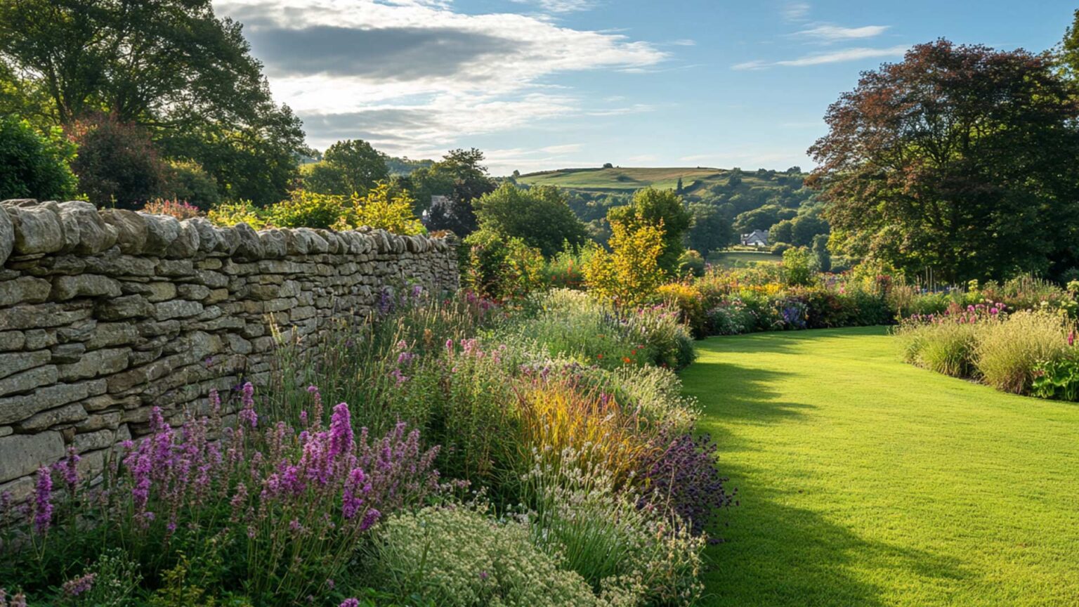 An established dry stone wall in this English country garden creates a beautiful backdrop for the border planting.