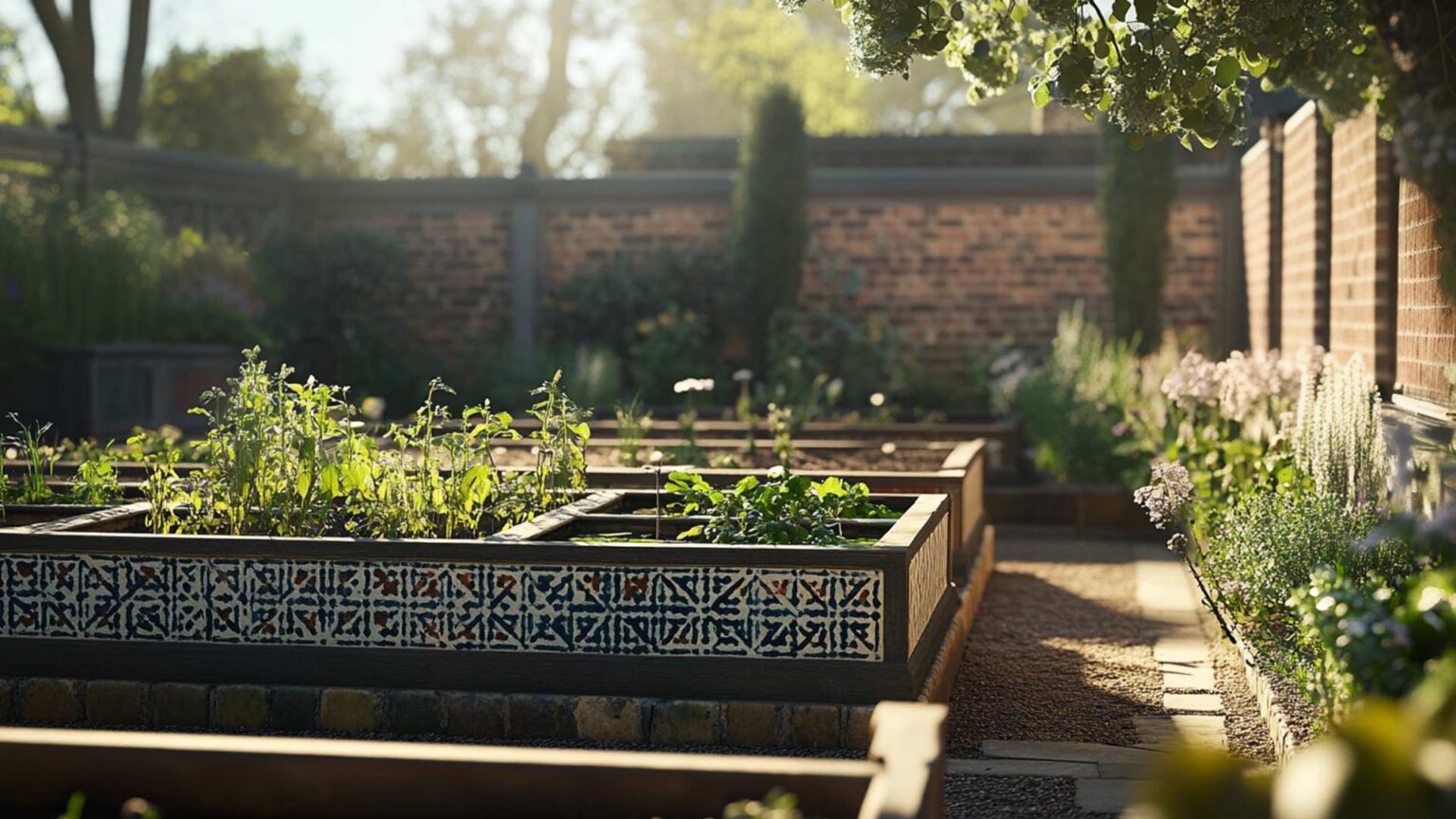 Handpainted/glazed tiles used to decorate these raised beds in this kitchen garden.