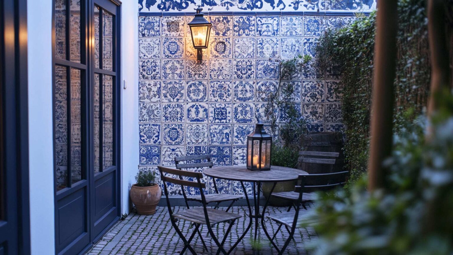 Delft style tiles with matching blue paintwork and furniture, creates a cohesive look and feel to this courtyard garden.