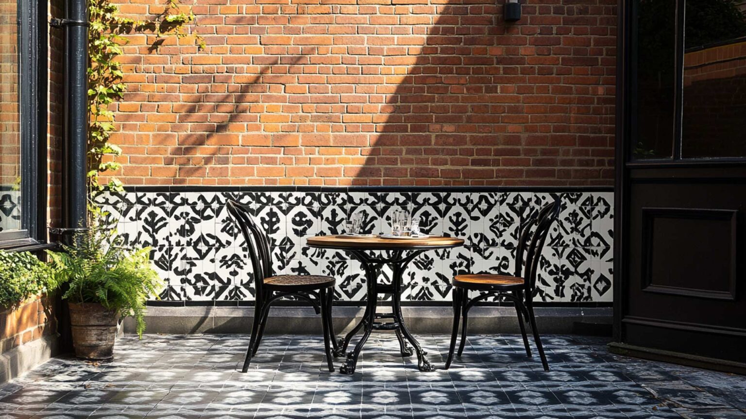 Playful Rorschach pattern style tiles used to create a faux Victorian courtyard garder look.