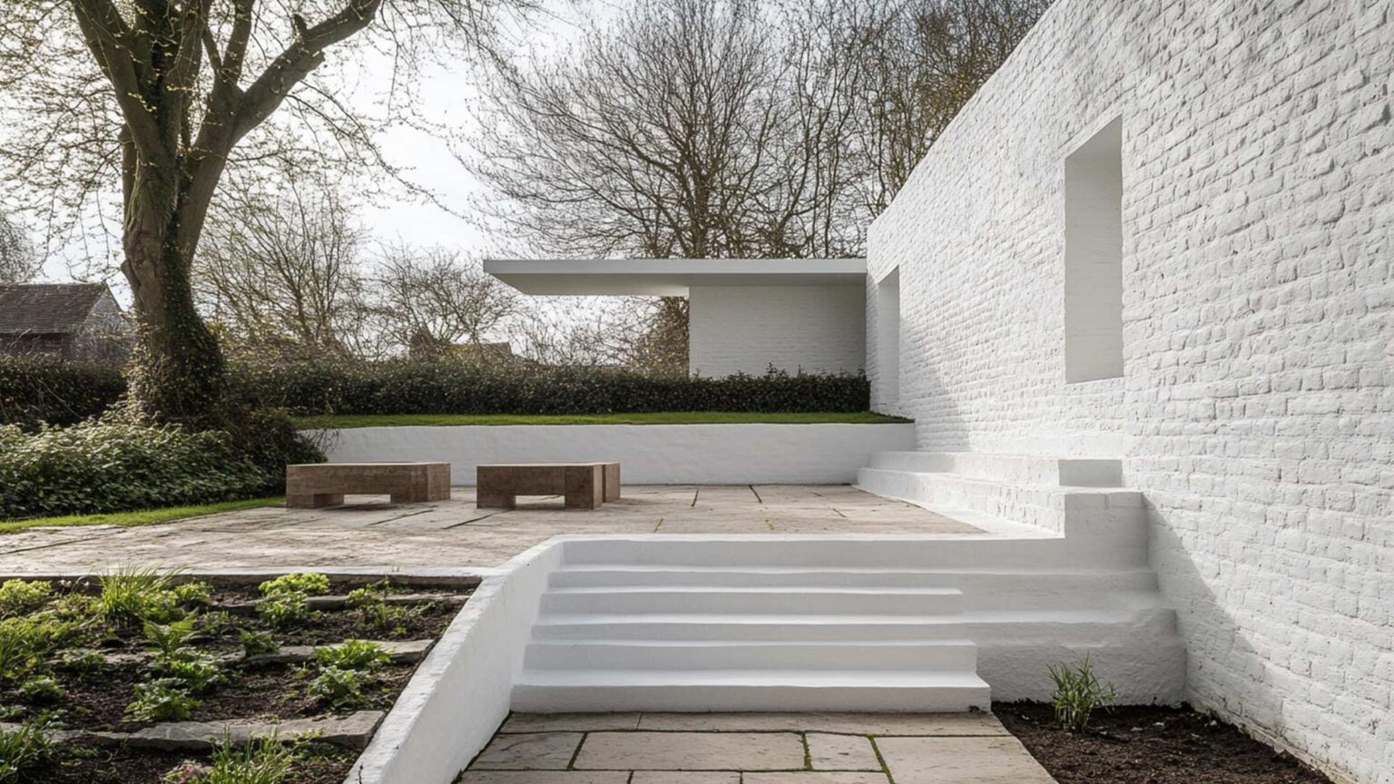 A modernist building with striking whitewashed walls, creating an exceptional backdrop on which green vegetation is cast.