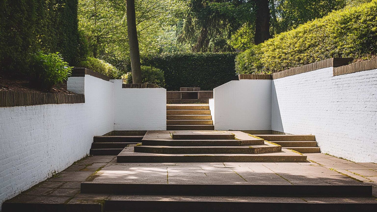 Adding whitewash to the brick retaining walls underscores the modernist design aesthetic of this sunken garden.