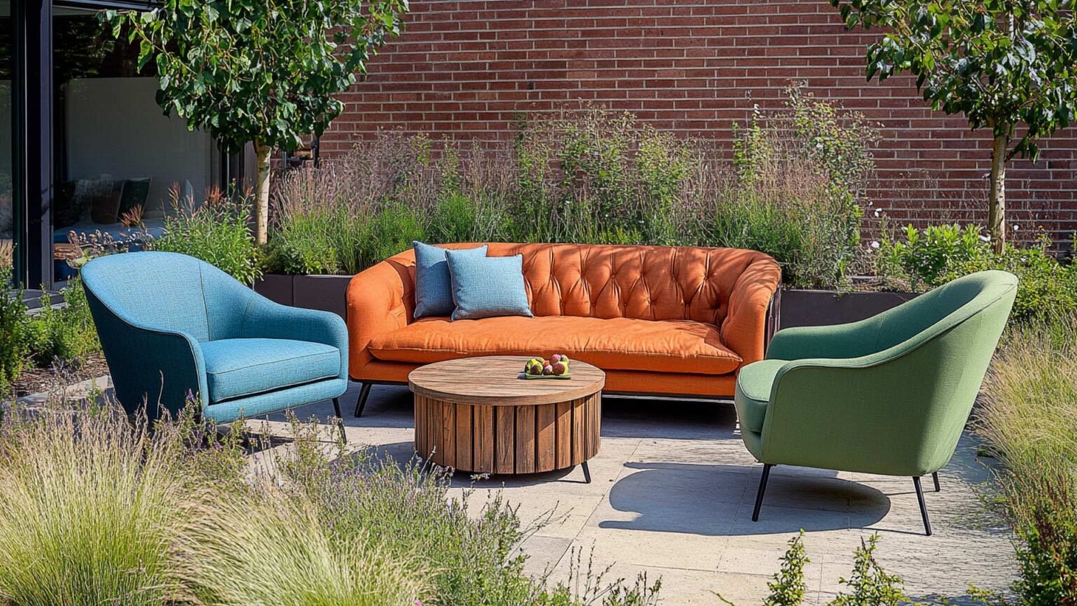 Small Garden Design Ideas - Colourful Furniture to create more visual interest.